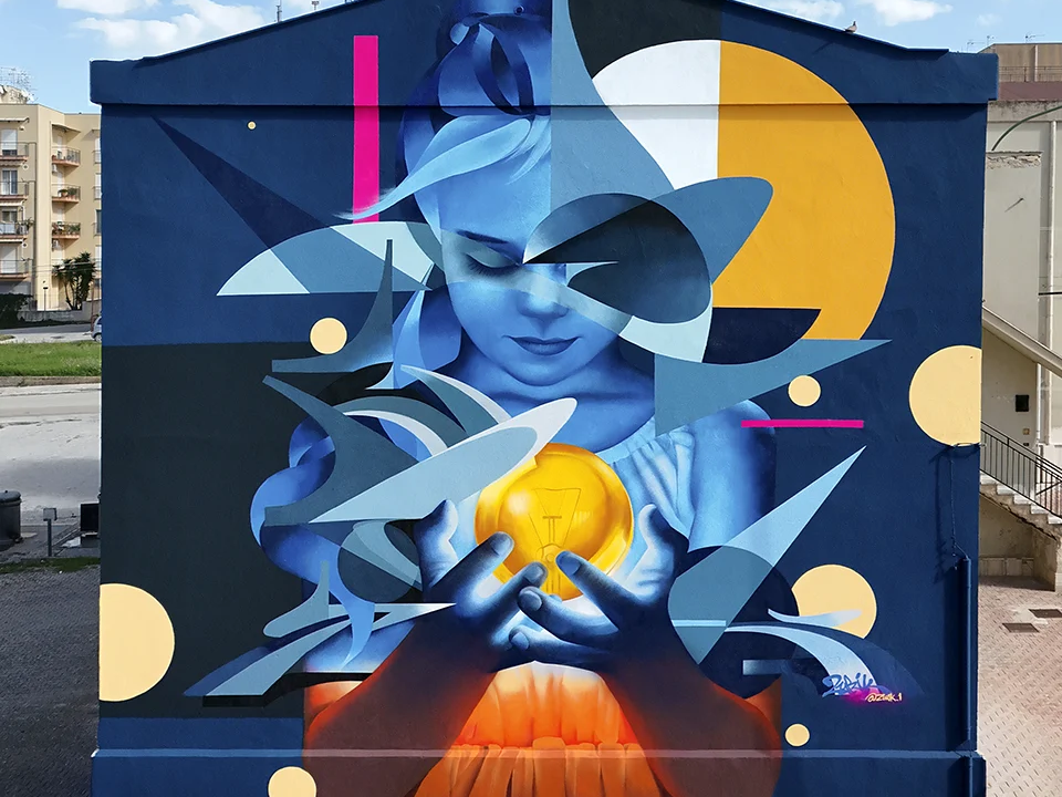 Graffiti mural niña con luz amarilla por zurik