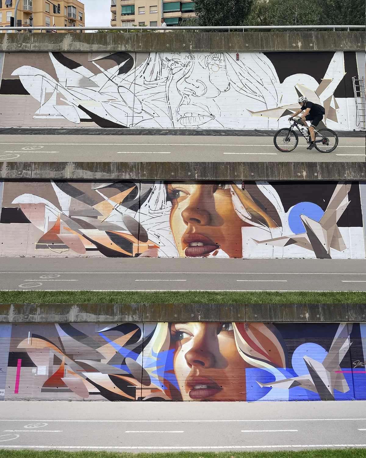 Mural chica con pájaro de papel en el BesArt, parc fluvial del besòs, por zurik